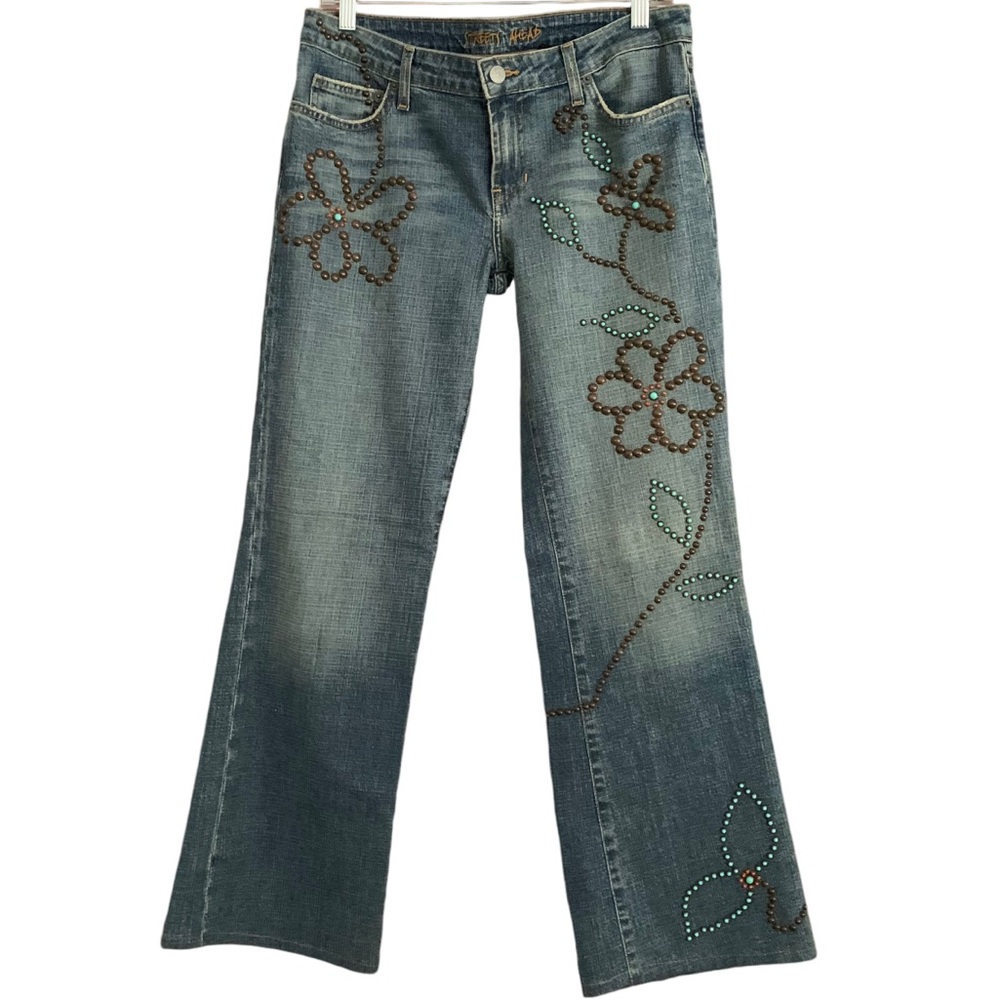 Vintage Blue Floral Studded Flare Jeans
